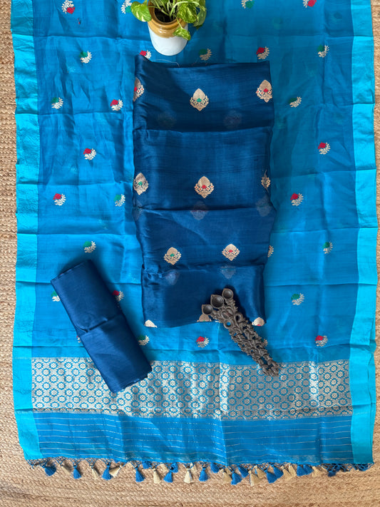 Peacock Blue kora silk certified handloom banarsi kadwa booti meenakari three piece suit