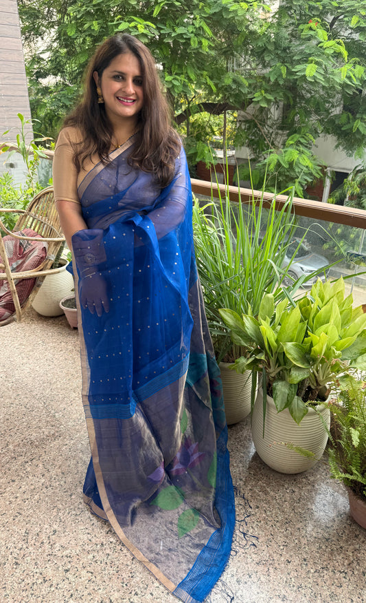 Midnlght Blue Jamdani sequence work handwoven pure muslin silk sari With Matka Silk Blouse Piece