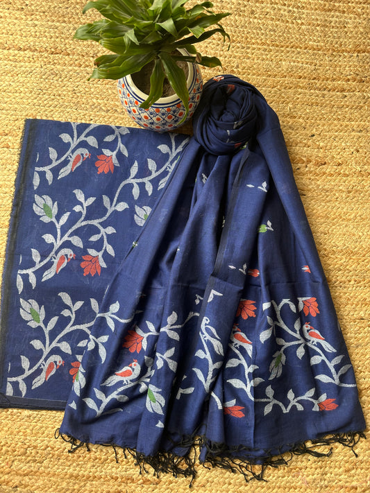 ROYAL BLUE  JAMDANI ALL OVER WOVEN MULL KURTA SET