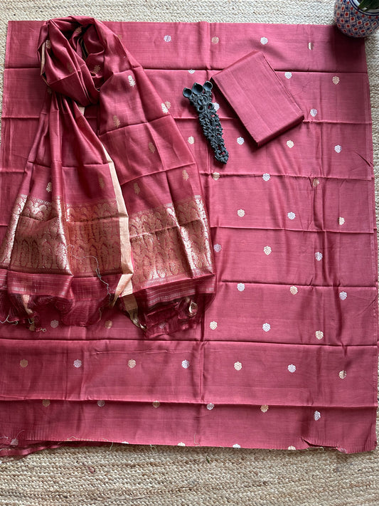 Rust Maroon Katan silk certified handloom Banarsi Booti three piece suit