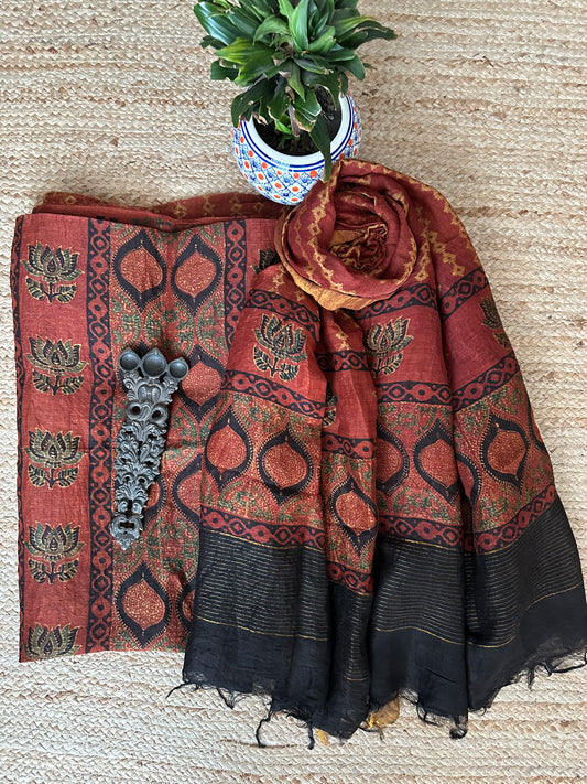 MAROON AJRAKH  LINEN SILK HANDBLOCK SUIT SET