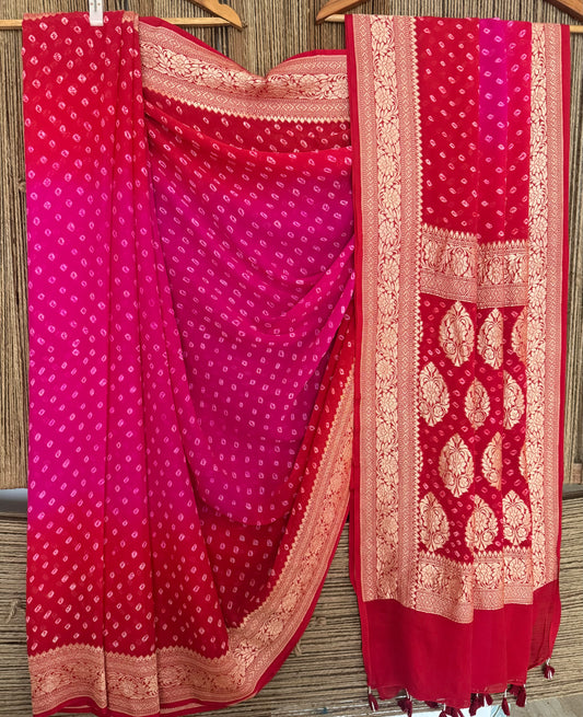 Hot Pink To Deep Red Handwoven Neem Zari Bareek Bandhani Saree with Khaddi Georgette BS- 303