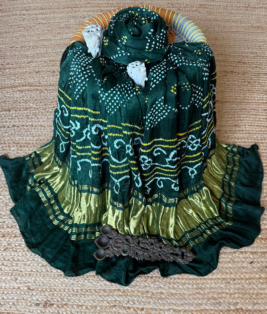 BOTTLE GREEN CHANDMUKHI RAI BANDHANI GAJJI SILK HANDWOVEN  DUPATTA
