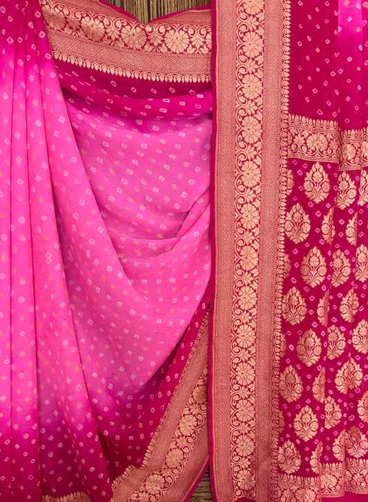 Candy Pink & Rani Pink  Handwoven Neem Zari Bareek Bandhani Saree with Khaddi Georgette BS- 303