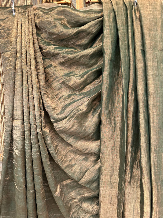 GREEN METALLIC LINEN SARI WITH WOVEN  BORDER &amp;  TASSELS