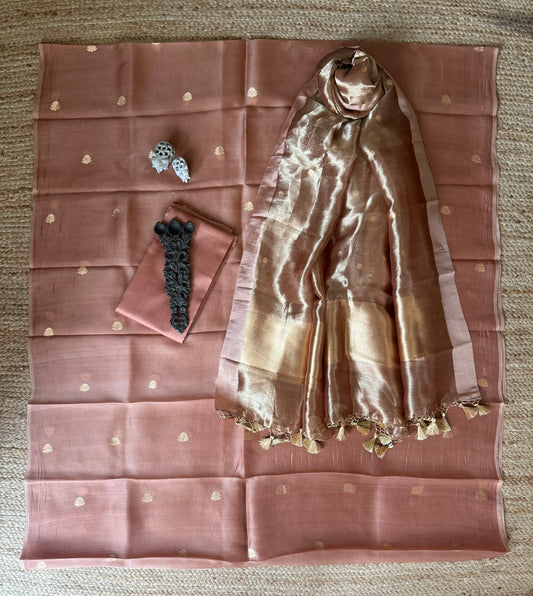 Dusty pink  Kora silk certified handloom Banarsi kadwa Booti three piece suit   CBS-50