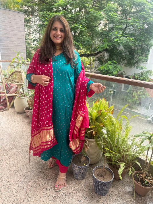 Teal and Rani Modal silk 3 piece stiched suit