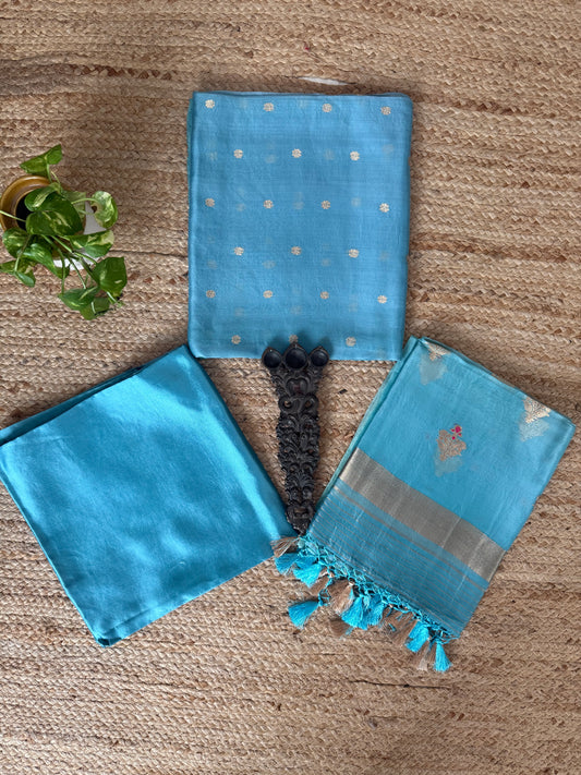 Baby Blue kora silk certified handloom banarsi kadwa booti meenakari Ombré Shade Duppatta three piece suit