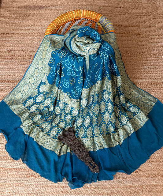 Stark Teal Blue handwoven neemzari bareek bandhani in khaddi georgette dupatta