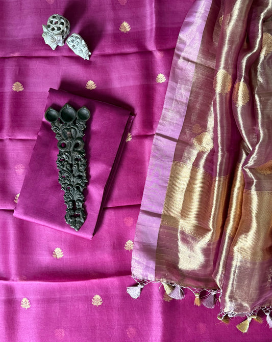 Bright Purple Kora silk certified handloom Banarsi kadwa Booti three piece suit   CBS-50