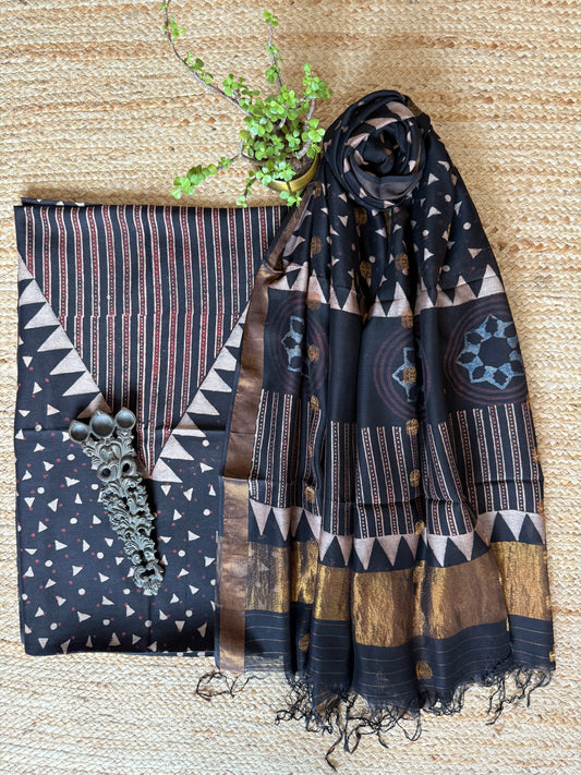 BLACK  AJRAKH CONTEMPORARY CHANDERI SILK HANDBLOCK KURTA SET  WITH  COIN  BUTTA DUPATTA