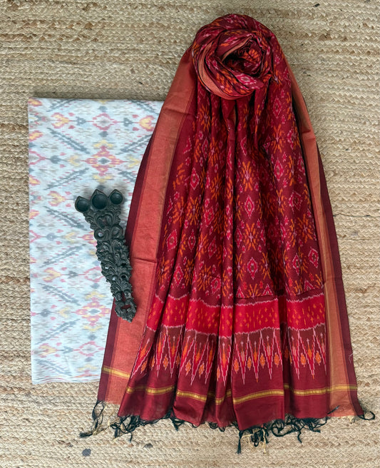 WHITE MULTI IKKAT PURE SILK COTTON HANWOVEN KURTA WITH IKKAT PURE SILK PATOLA HANDWOVEN DUPATTA