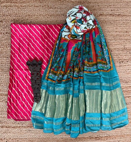 Pink leheriya mashru silk kurta with  patola pichwai handcrafted modalsilk dupatta