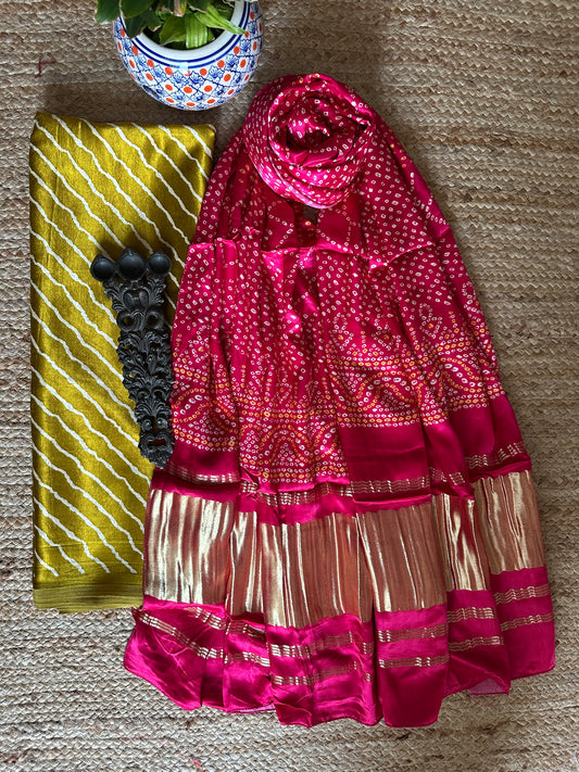 MUSTARD LEHERIYA MASHRU SILK KURTA WITH PATOLA HANDCRAFTED MODAL SILK DUPATTA PS-22