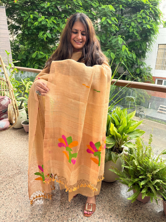 MACAROON BEIGE TISSUE LINEN JAMDANI HANDWOVEN KURTA SET