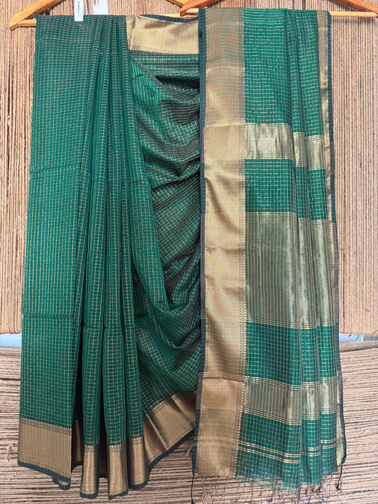 GREEN CHEQ MAHESHWARI SILK HANDLOOM SARI WITH MAHESHWARI BORDER