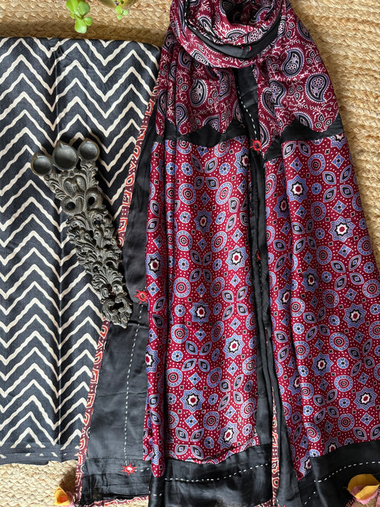 BLACK MASHRU SILK KURTA WITH AJRAKH PATCHWORK  HANDCRAFTED  MODAL SILK DUPATTA PWK-16