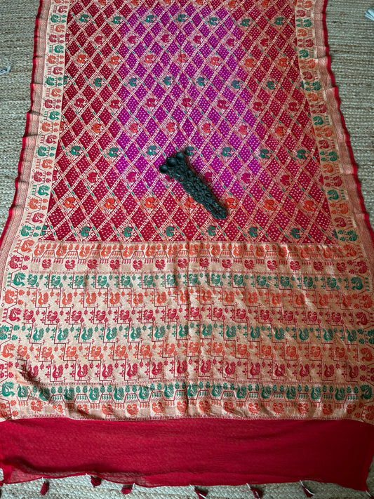 Red & pink ombré shade Handwoven Bareek Bandhani in Meenakari Jaal  Premium Georgette dupatta