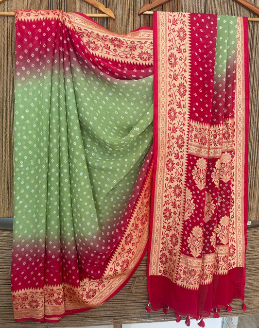 Pista Green & Red Handwoven Neem Zari Bareek Bandhani Saree with Khaddi Georgette BS- 303