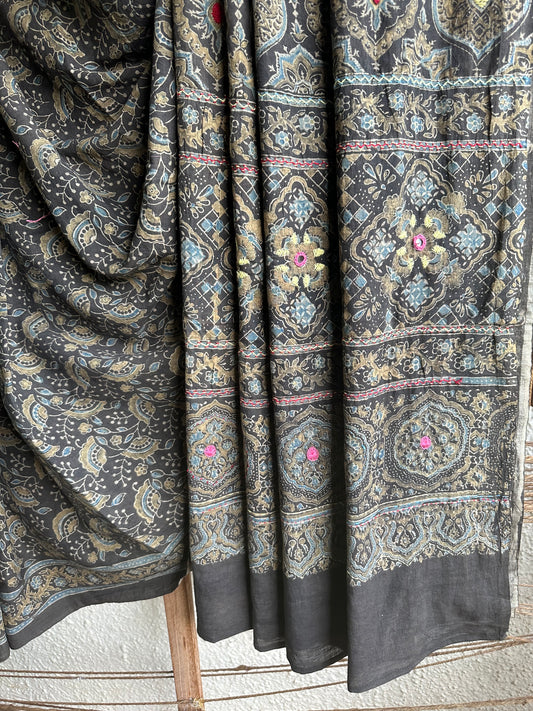 MEHNDI GREEN COTTON AJRAKH HANDEMBROIDERY SARI