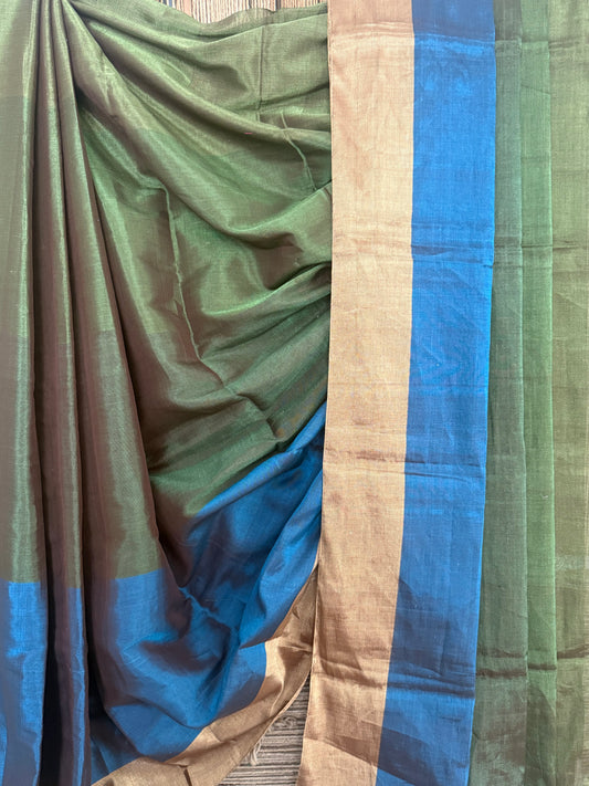 Olive green chanderi tissue weave silk handloom sari with banarsi blouse