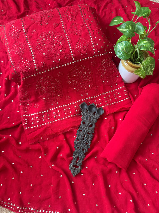 Cherry Red premium mukesh work Georgette lucknowi chickenkari hand embroidery three piece suit