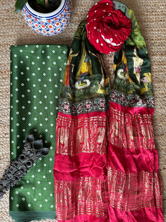 GREEN MASHRU KURTA WITH BANDHANI PICHWAI HANDCRAFTED  MODAL SILK DUPATTAS