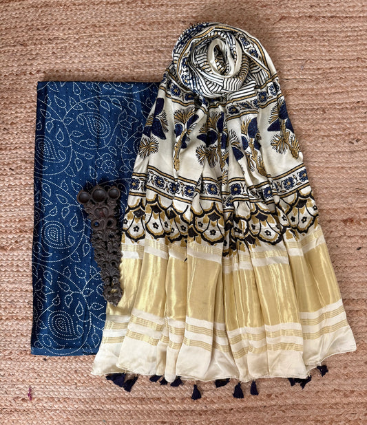 Blue Mashru Silk Kurta With Beige Ajrakh Handcrafted Modal Silk Dupatta