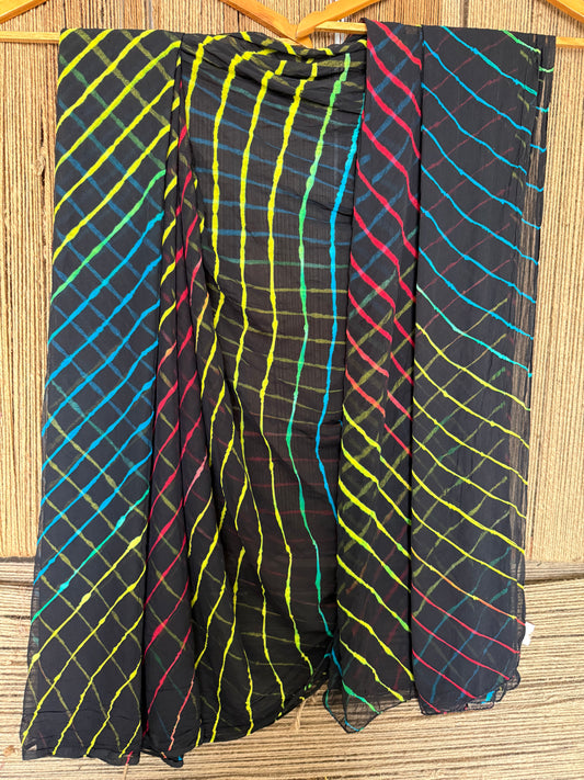 BLACK MULTI LEHERIYA HANDCRAFTED  CHIFFON SARI CL -1036