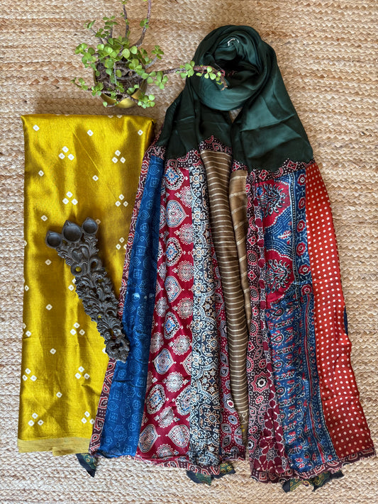 MUSTARD MASHRU SILK KURTA WITH AJRAKH PATCHWORK  HANDCRAFTED  MODAL SILK DUPATTA PWK-26