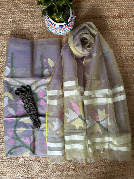 OLIVE GREEN & BLUE DUAL SHADE HANDWOVEN JAMDANI PURE MUSLIN SILK KURTA SET MJK-74