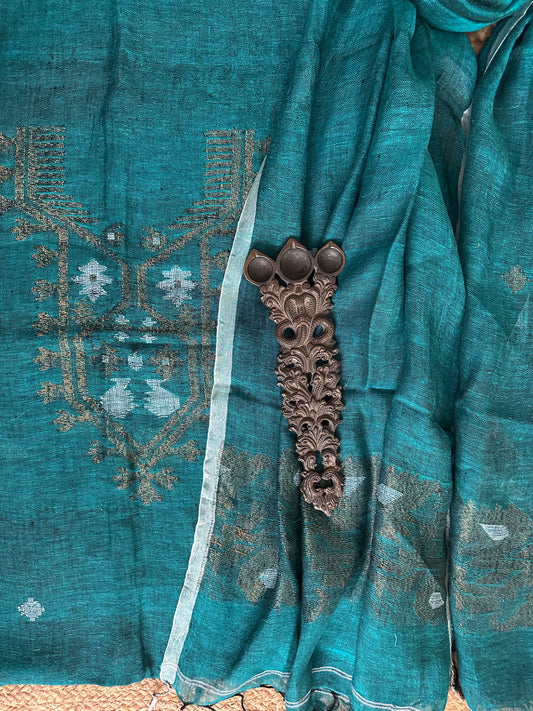 OCEAN BLUE  JAMDANI WOVEN LINEN  KURTA SET LJS- 1033