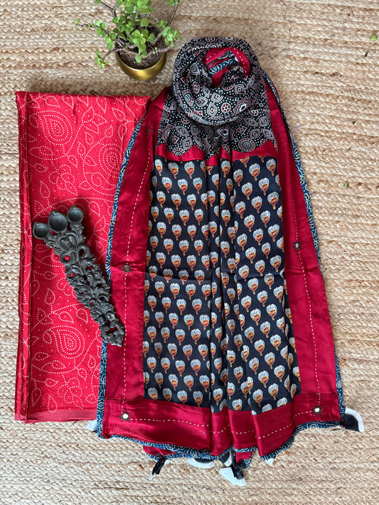 RED MASHRU SILK KURTA WITH AJRAKH PATCHWORK  HANDCRAFTED  MODAL SILK DUPATTA PWK-22