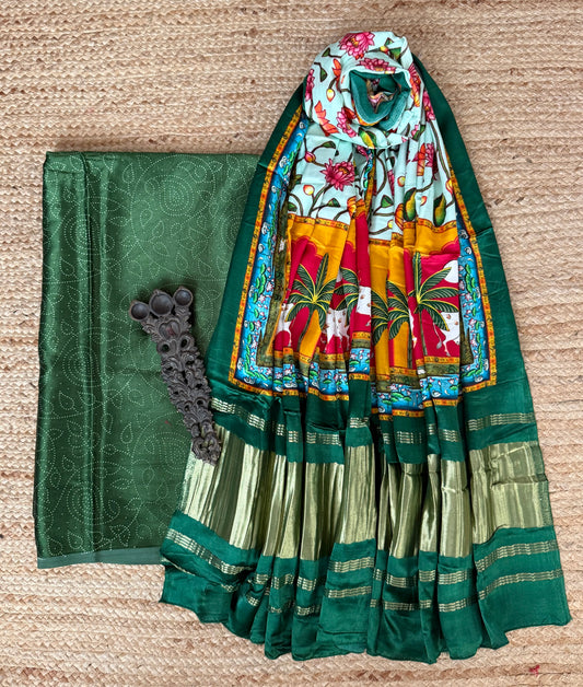 Green 3bandhani mashru silk kurta with patola handcrafted modal silk dupatta ps-10145