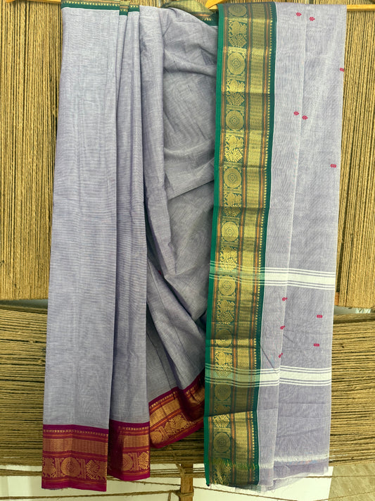 GRAY TRADITIONAL KANCHI COTTON SARI WITH ELEPHANT,PEACOCK & PAISLEY DESIGN WITH RUNNING BLOUSE