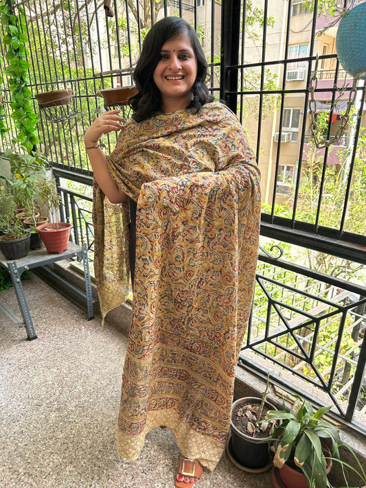 MUSTARD MAROON KALAMKARI MULL COTTON HANDCRAFTED DUPATTA