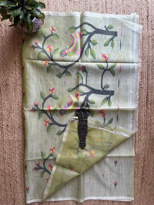 LIGHT GREEN JAMDANI HANDWOVEN PURE MUSLIN SILK SARI