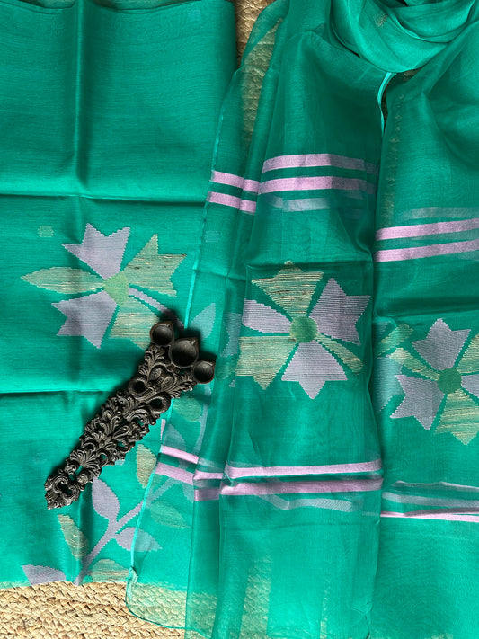PERSIAN  GREEN HANDWOVEN JAMDANI PURE MUSLIN SILK KURTA SET MJK-43
