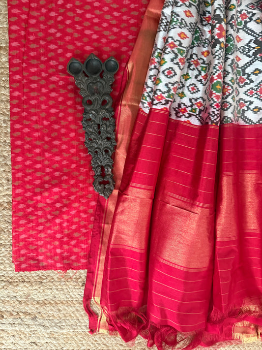 RED RAW SILK IKKAT HANWOVEN KURTA WITH IKKAT PATOLA PURE  SILK HANDWOVEN DUPATTA