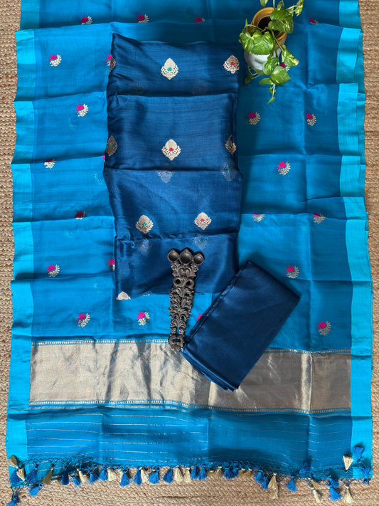 Peacock Blue kora silk certified handloom banarsi kadwa booti meenakari three piece suit