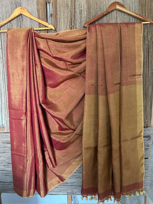 MAROON GOLD TISSUE LINEN ZARI SARI WITH WOVEN RED BORDER