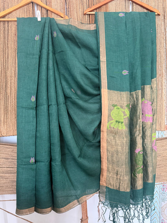 PINE GREEN HANDWOVEN JAYSHREE LINEN JAMDANI SARI