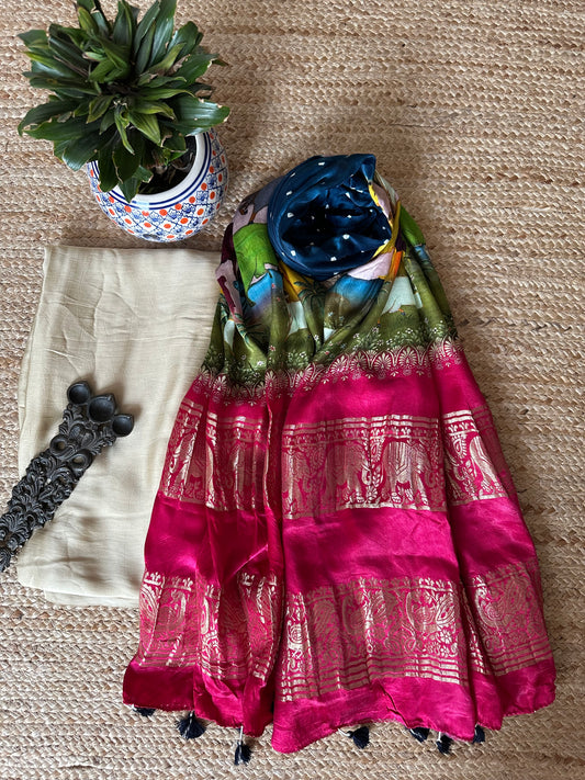 BEIGE GOLDEN MODAL SILK KURTA WITH BANDHANI PICHWAI HANDCRAFTED  MODAL SILK DUPATTAS