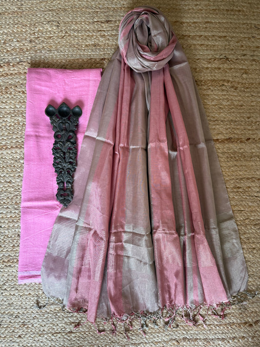 PINK SOLID MUGA SILK KURTA WITH CHANDERI HANDLOOM SILK  DUPATTA