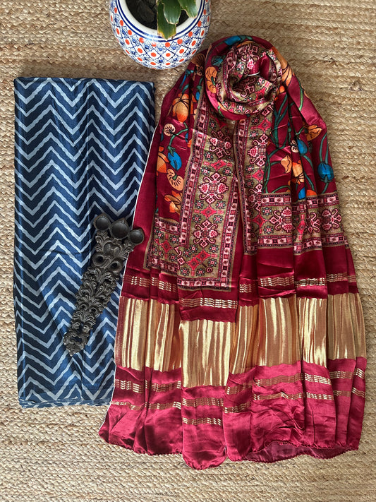 BLUE ZIGZAG MASHRU SILK KURTA WITH PATOLA PRINTED MODAL SILK DUPATTAS  PS-24