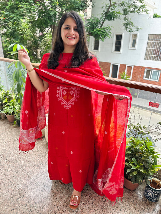 RED  WOVEN LINEN  KURTA SET LJS-1041
