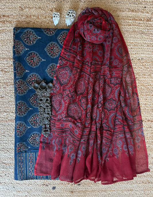 INDIGO BLUE AJRAKH HANDBLOCK COTTON KURTA WITH KOTA DUPATTA THREE PIECE SUIT SET