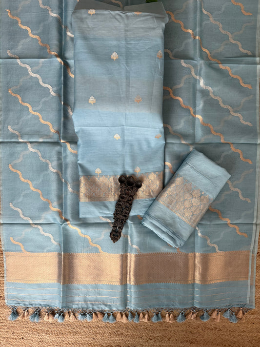 Powder Blue Cotton silk certified handloom banarsi kadwa booti meenakari With kora Dupatta three piece suit