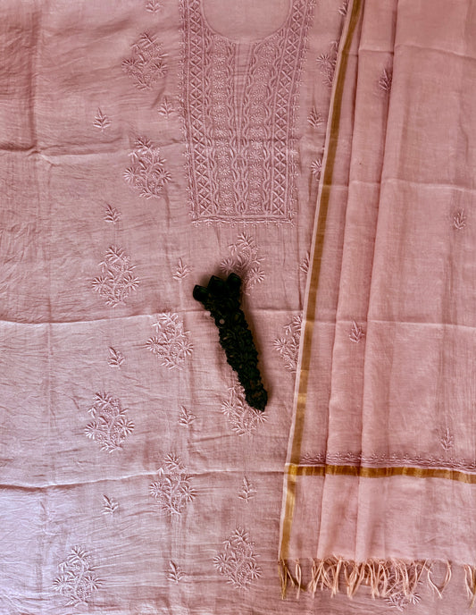 BALLERINA PINK PINK PREMIUM  MULL CHANDERI LUCKNOWI CHICKENKARI HAND EMBROIDERY THREE PIECE SUIT