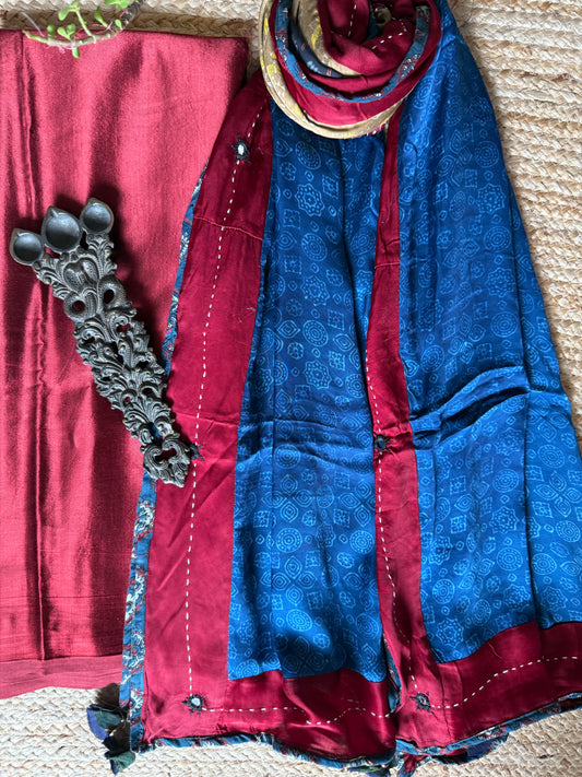 MAROON MASHRU SILK KURTA WITH AJRAKH PATCHWORK  HANDCRAFTED  MODAL SILK DUPATTA PWK-10
